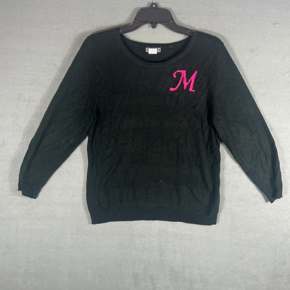 Takeout Womens Sweater XL Black Solid Pullover Long Sleeve Pink Letter M Vintage
